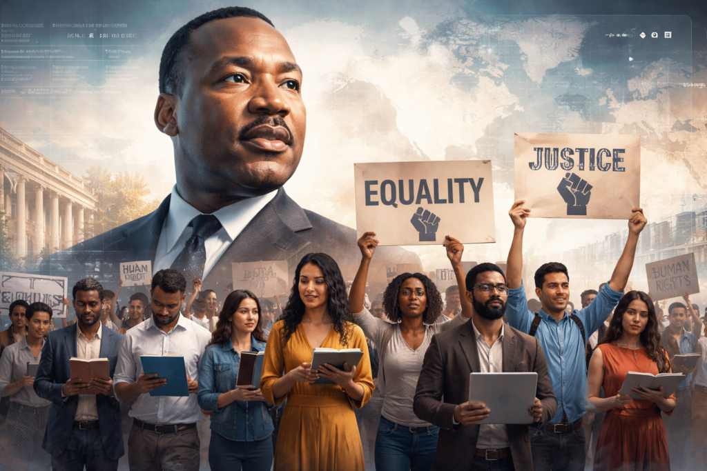 Portrait of Martin Luther King Jr. with a diverse group of people holding books and equality signs, representing global civil rights and social justice movement